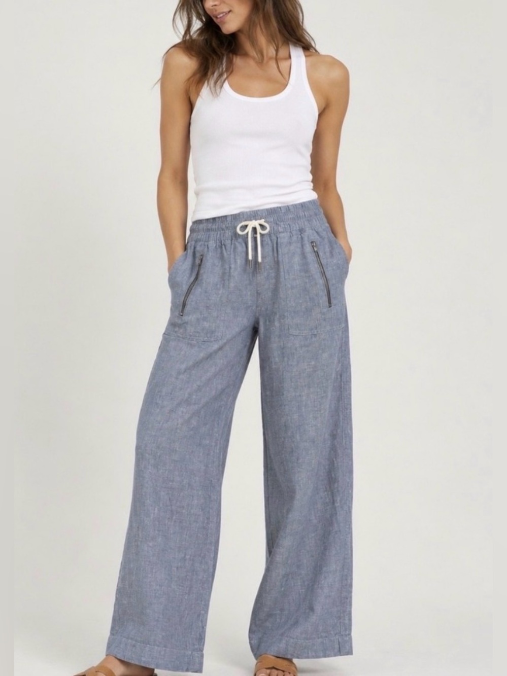 Athleta Cabo Blue Linen Wide Leg Pants